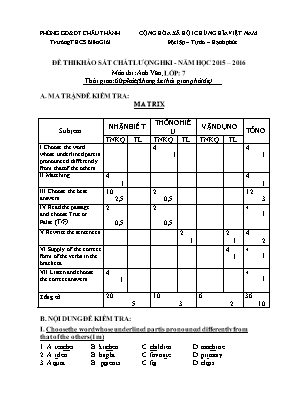 Đề thi khảo sát chất lượng học kì I môn Tiếng Anh Lớp 7 - Năm học 2015-2016 - Trường THCS Biên Giới (Có đáp án)